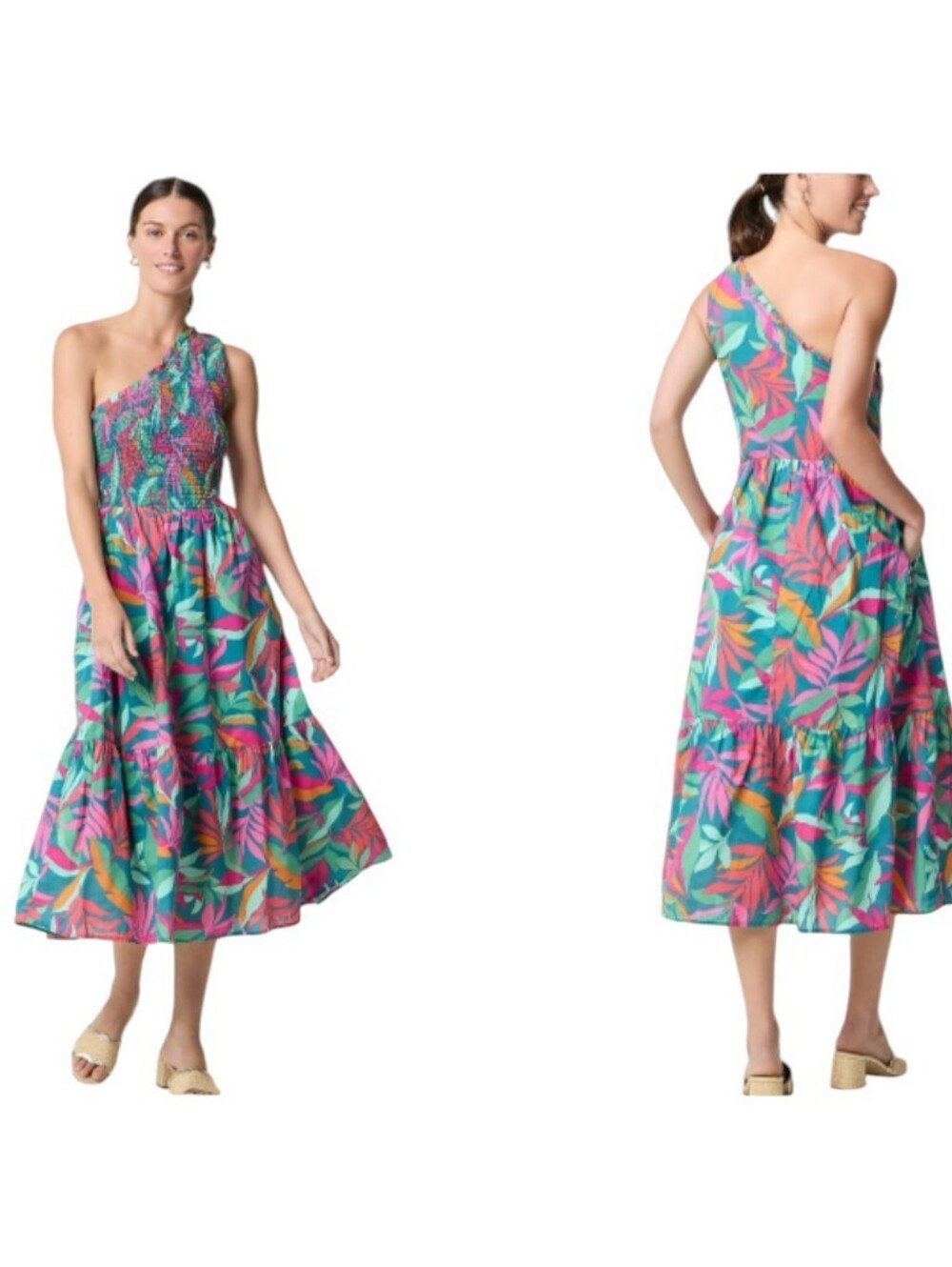 NWOT J. Crew One-shoulder smocked midi dress Tropical Floral Green Pink Size S